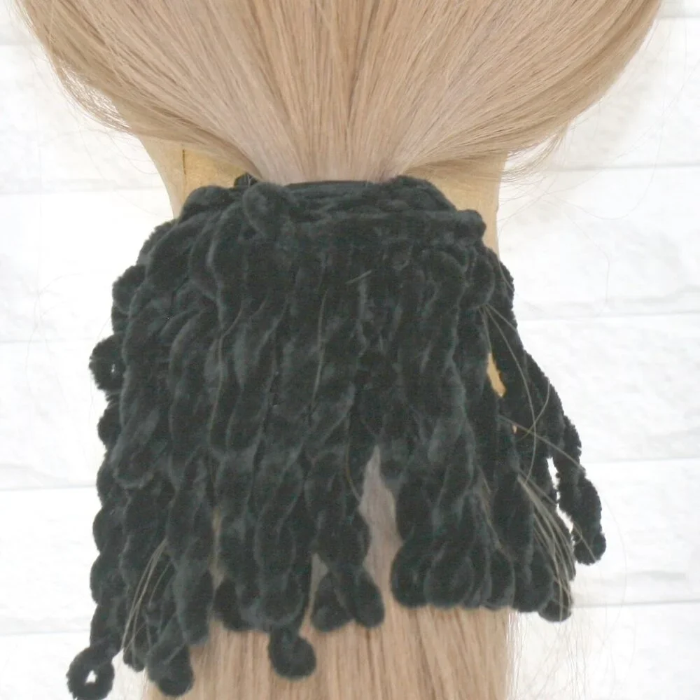HAND CRAFTED Hair Scrunchie Fringe Crochet Kids Chenille Velvet Oversized Black